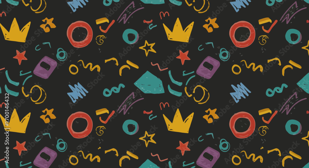 Naklejka premium Playful pattern design with geometric shapes and hand drawn elements on dark background