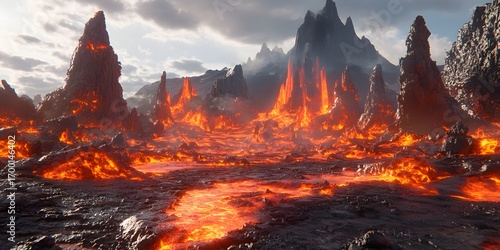 Fototapeta Naklejka Na Ścianę i Meble -  Volcanic landscape with glowing lava rivers and sharp rocky formations under a dramatic sky