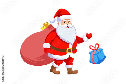 A cheerful Santa Claus with a bag of gifts on a snowy winter background, ready for the Christmas holiday celebration