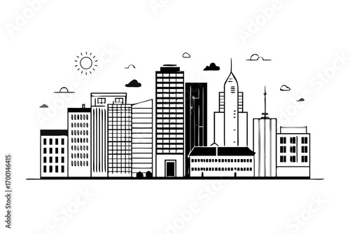 Abstract vector illustration of a city skyline with urban buildings and skyscrapers against a night sky, perfect for business or architectural design