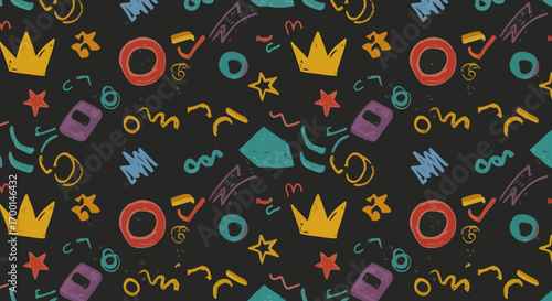 Playful pattern design with geometric shapes and hand drawn elements on dark background