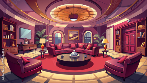 Stunning panoramic 360 view of a designer living space, showcasing deep burgundy leather sofas, warm ambient lights, and artistic wall panels, merging classic richness with contemporary comfort and ta