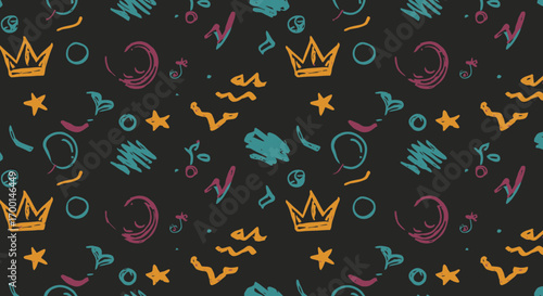 Colorful quirky doodle pattern design on dark background featuring crowns and stars