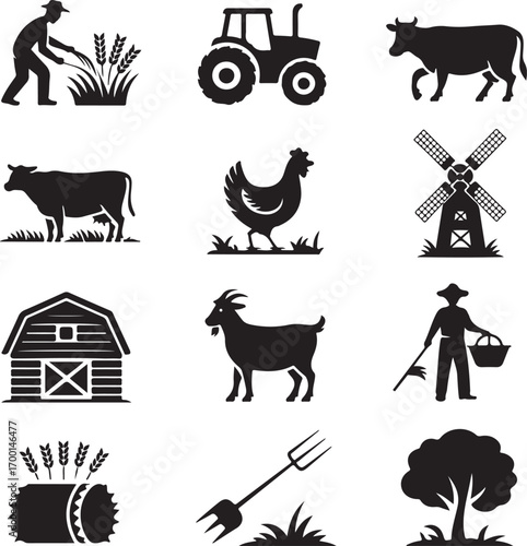 Agricultural Icons Featuring Farming Activities and Animals agriculture farmer