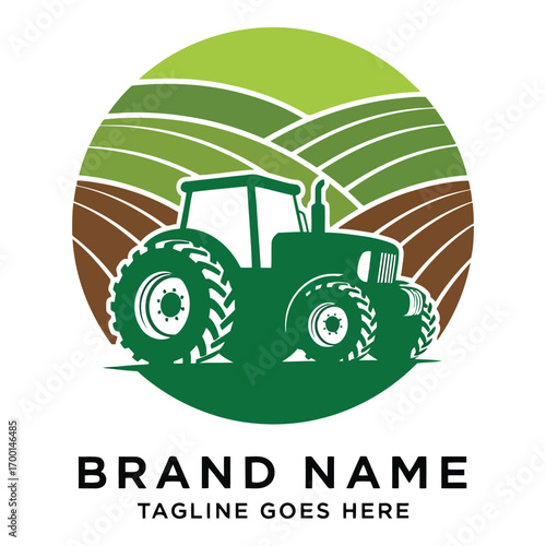 Green tractor working agricultural field symbol with brand name and tagline placeholder vector
