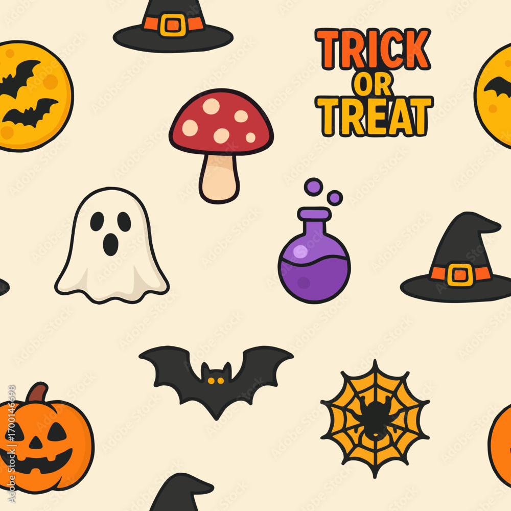 Fototapeta premium Halloween vector seamless pattern with pumpkin, ghost, spider, cobweb, fly agaric, potion, ghost and moon, trick or treat