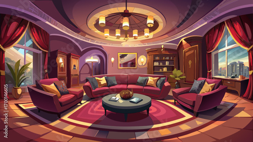 Stunning panoramic 360 view of a designer living space, showcasing deep burgundy leather sofas, warm ambient lights, and artistic wall panels, merging classic richness with contemporary comfort and ta