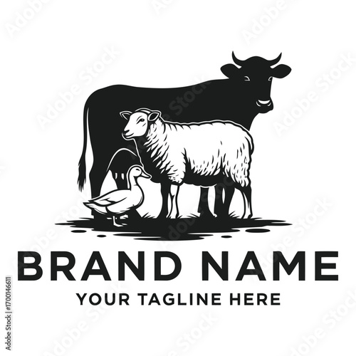 Farm livestock herd cow sheep duck silhouette logo emblem for branding rural agriculture vector