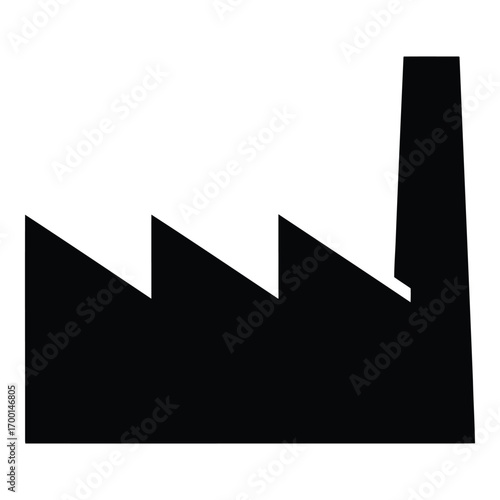 Simple black factory silhouette industrial building icon with tall chimney vector