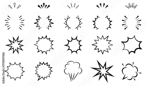 Explosion icon set. Firework, spark, blast, collision. Bomb explode or explosive blast clouds. Boom icons for comic book. Trendy bursting design elements. Vector illustration.