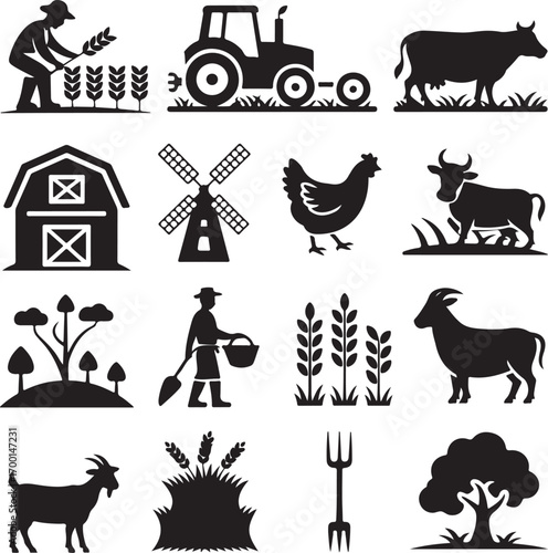 Farm And Agriculture Icons Silhouette Collection With Farmer And Animals Keywords: agriculture