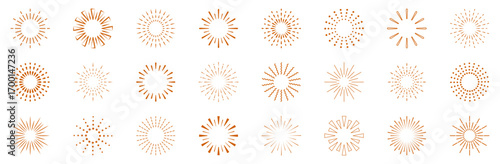 Boho sunburst in different shapes. Explosion, firework, sparks, shine, twinkle, sun rays. Trendy bursting rays design elements. Vector illustration.