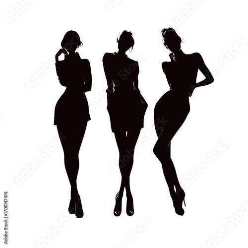 Three women stand backlit, creating striking silhouettes. Their poses convey confidence and grace, showcasing different styles.
