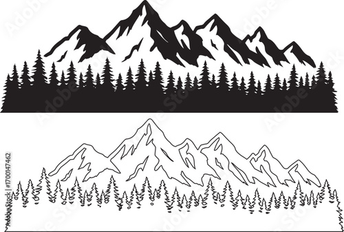 Mountain Ridge with Peaks and Forest – Scenic Landscape Silhouette Vector