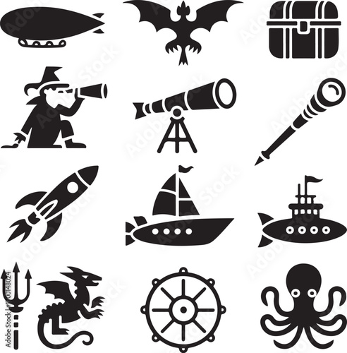 Fantasy and Transportation Icons Collection With White Background Keywords: blimp, dirigible
