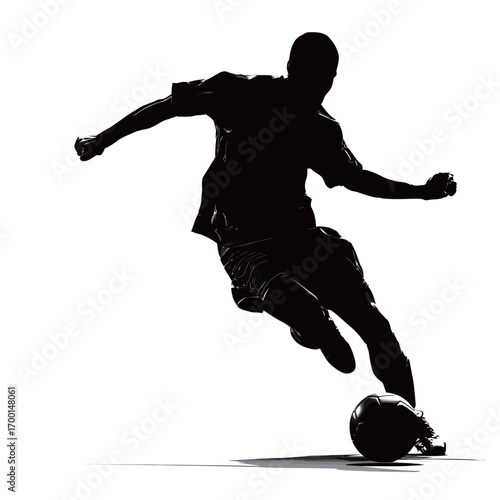 A dynamic soccer player is captured in mid-action, striking a ball with precision. The focus is on the silhouette against a plain background, emphasizing athleticism and movement.