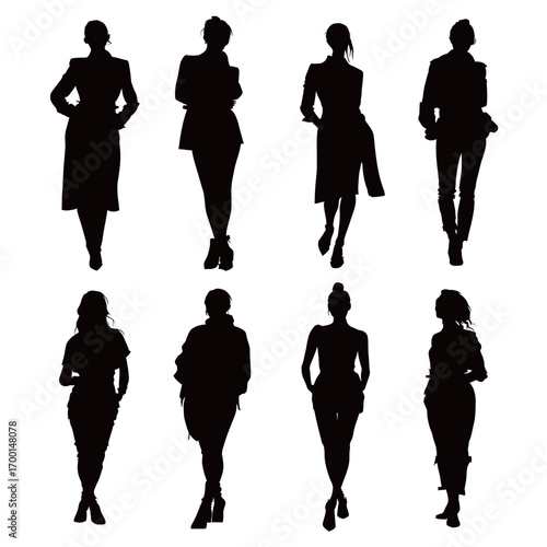 Silhouettes showcase eight fashionable women striking diverse poses, emphasizing their unique styles and confidence. The clean white background highlights their silhouettes.