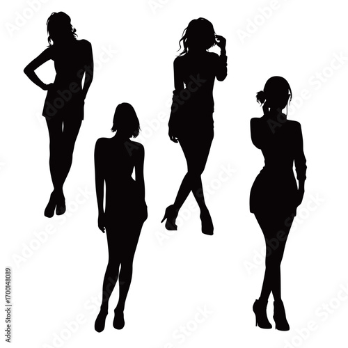 Four stylish silhouettes of women are captured in various confident poses, emphasizing diversity and elegance at a fashion event against a clean backdrop.