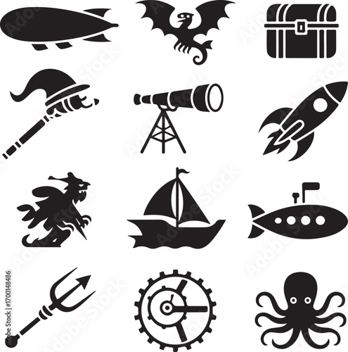 Fantasy and Nautical Icons Collection With White Background Keywords: blimp, dirigible, airship