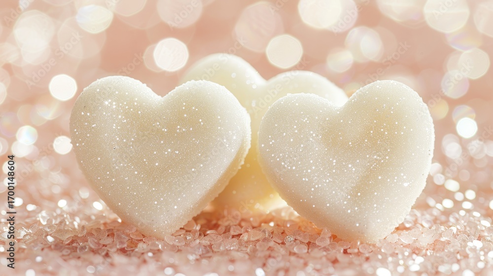 Fototapeta premium Close up of sparkling heart shaped candies on soft pink background for valentine s day