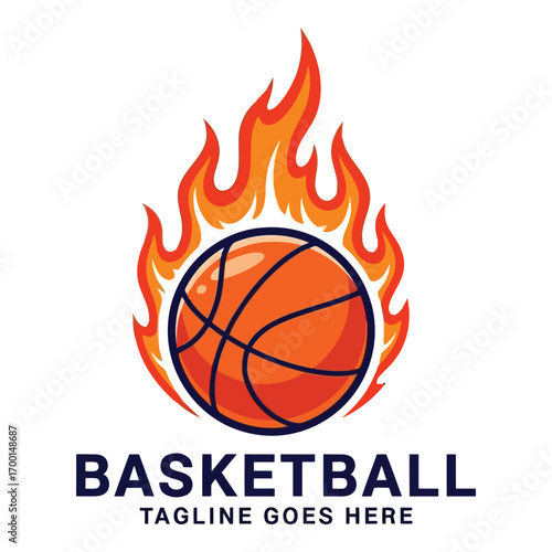 Fiery basketball logo with flames intense athletic game symbol action sport vector