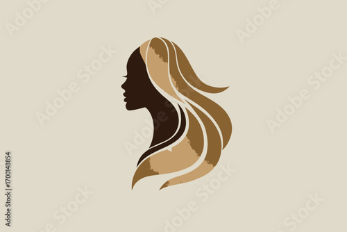 A silhouette of a womans profile showcases flowing hair in warm tones, emphasizing grace and femininity in a minimalist design.