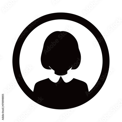 A young girl with a bob haircut is presented in a minimalist style, inside a circular shape, emphasizing simplicity and elegance in design.
