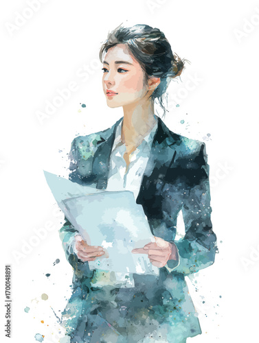 Young woman in a stylish suit stands confidently holding documents, showcasing professionalism and poise in a busy environment.