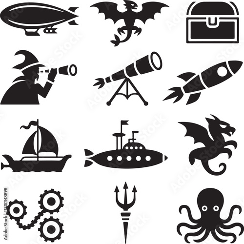 Collection of fantasy and adventure themed black silhouette icons blimp dirigible
