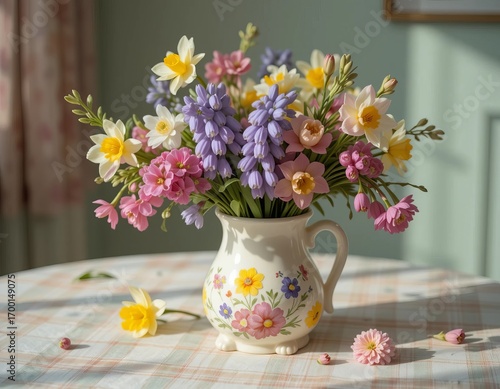 Wallpaper Mural Vibrant spring bouquet of daffodils and muscari in a decorative pitcher, bathed in soft sunlight. Torontodigital.ca