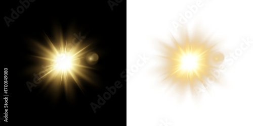 Horizontal golden light rays with glare, flashes, and sparkling glow isolated on transparent background. Shining star effect PNG, golden sun light, bright gold flash, and shimmering powder particles.