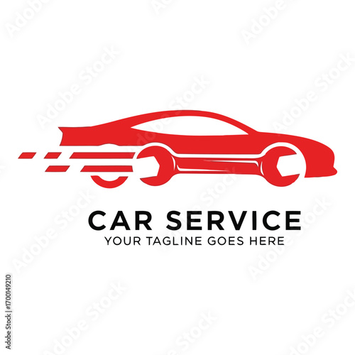Dynamic red sports car logo with wrench wheel for automotive services and repairs vector