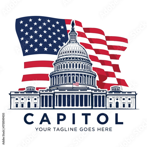 Us capitol building waving american flag patriotic symbol of democracy government freedom vector