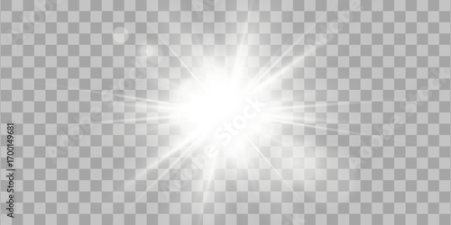 Realistic sunlight isolated on a transparent background. Bright lens flare, overlays, light transitions, sunbeams, shining leaks. Bright transparent light effect with isolated white rays.
