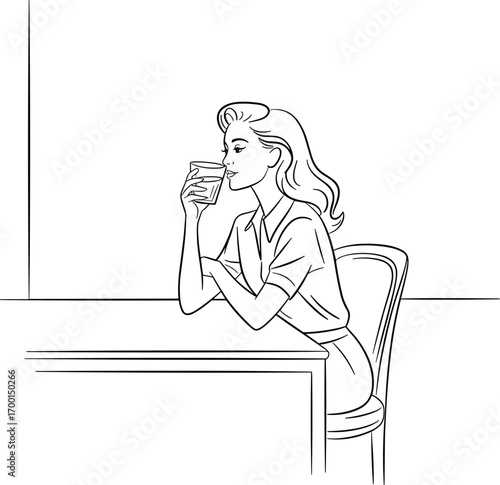 Retro woman sitting at table drinking beverage, vintage side profile illustration of elegant lady enjoying drink, classic 1950s black and white art