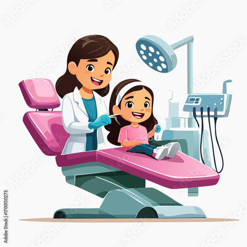 A friendly female pediatric dentist examines a smiling little girl in a modern dental clinic, illustrating children's oral healthcare and check-ups