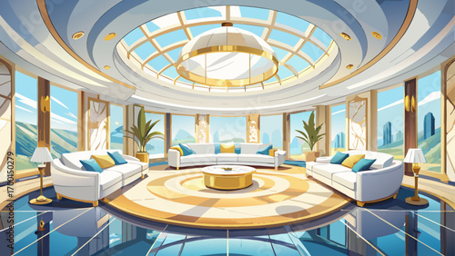 Elegant 360 panorama view inside a luxury living room, adorned with pearl white sectionals, floor-to-ceiling windows, sunlit marble tiles, and minimalist golden decor, creating a sense of purity and m