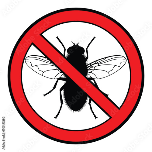 Stop fly insect sign red circle prohibition symbol pest control warning vector