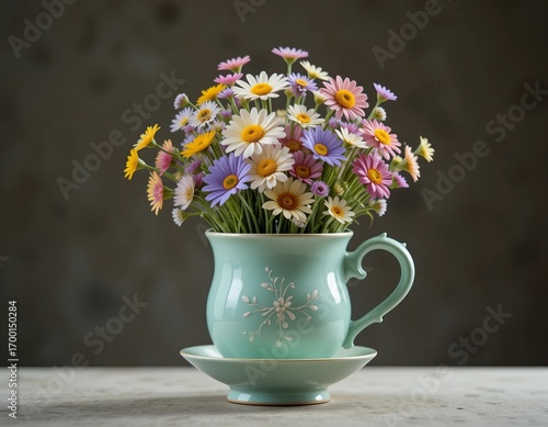 Wallpaper Mural Vibrant bouquet of wildflowers in a charming teal teacup brings a touch of nature's beauty indoors. Torontodigital.ca