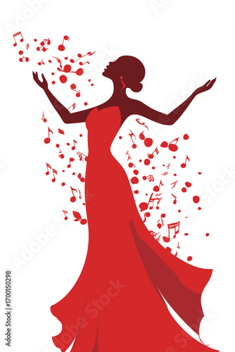 A talented singer performs gracefully, dressed in a striking red gown. Musical notes swirl around her, capturing the magic of live performance.