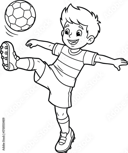 Happy young boy playing soccer, kicking ball with foot, wearing sports uniform and cleats, active child enjoying outdoor football game, coloring page illustration