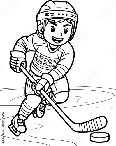 Young boy playing ice hockey on rink, wearing helmet and protective gear, holding hockey stick, smiling athlete, sports activity, coloring page line art illustration