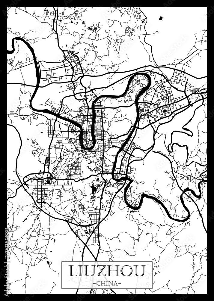 Obraz premium Liuzhou China City Street Map. City downtown, abstract travel art, modern background, colorful graphic design, new office banner, art, street view paint