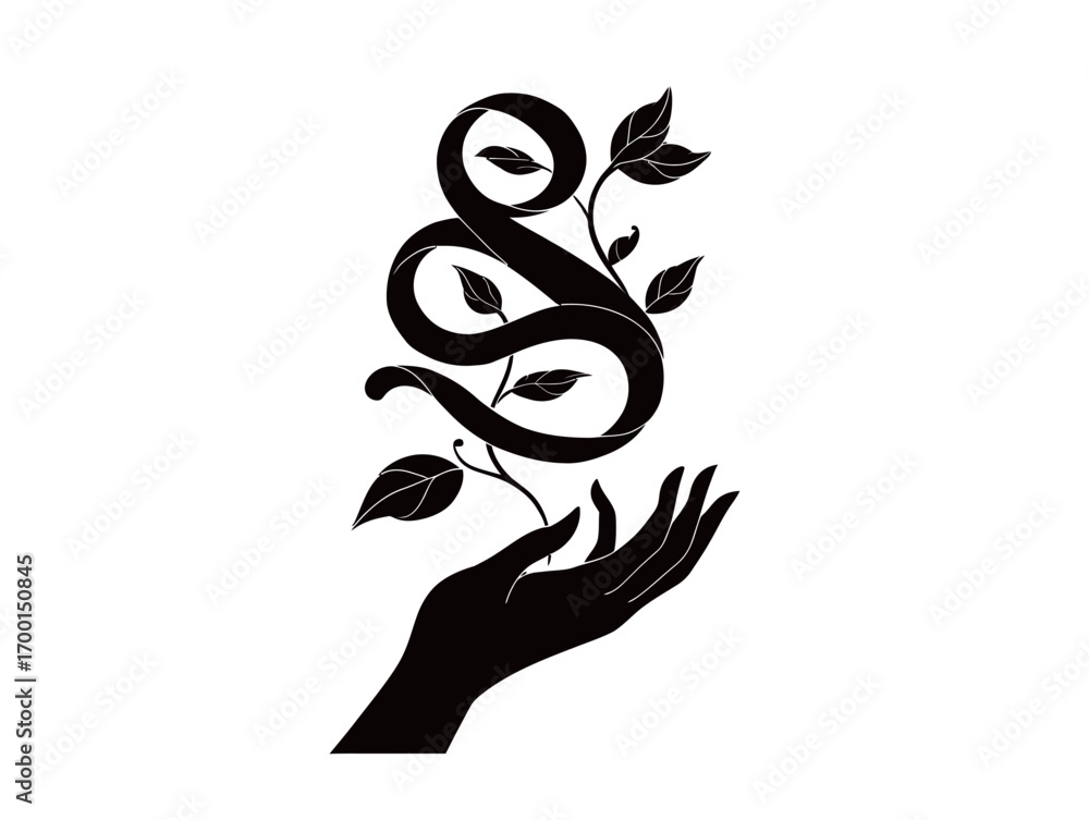 Fototapeta premium An artistic representation combines a hand gently holding a stylized vine adorned with leaves, symbolizing unity and growth.