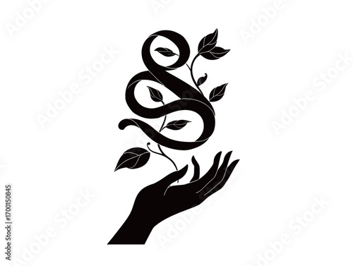 An artistic representation combines a hand gently holding a stylized vine adorned with leaves, symbolizing unity and growth.