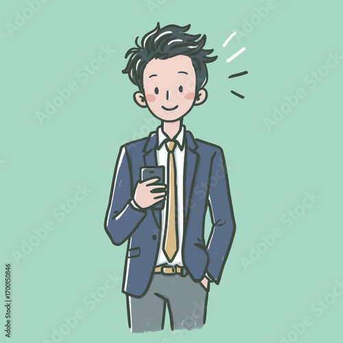 A cheerful young man dresses in a suit with a tie and holds a smartphone in one hand. He has a confident expression against a light green backdrop.