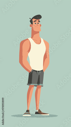 A young, muscular man stands confidently with his hands in his pockets. He wears a white tank top and casual shorts, showcasing his relaxed style in a minimalist setting.