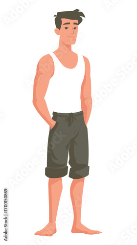 A young man is standing barefoot in casual summer clothing, wearing a tank top and rolled-up shorts. He displays a relaxed and confident posture.