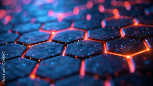 Futuristic abstract texture of hexagonal metallic surface with glowing neon edges