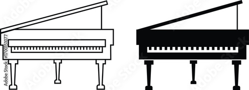 Black silhouette of upright piano icon set, isolated on transparent background. Graphic illustration. concept of musical instrument, classical music, piano recital, icon, logo, design element.